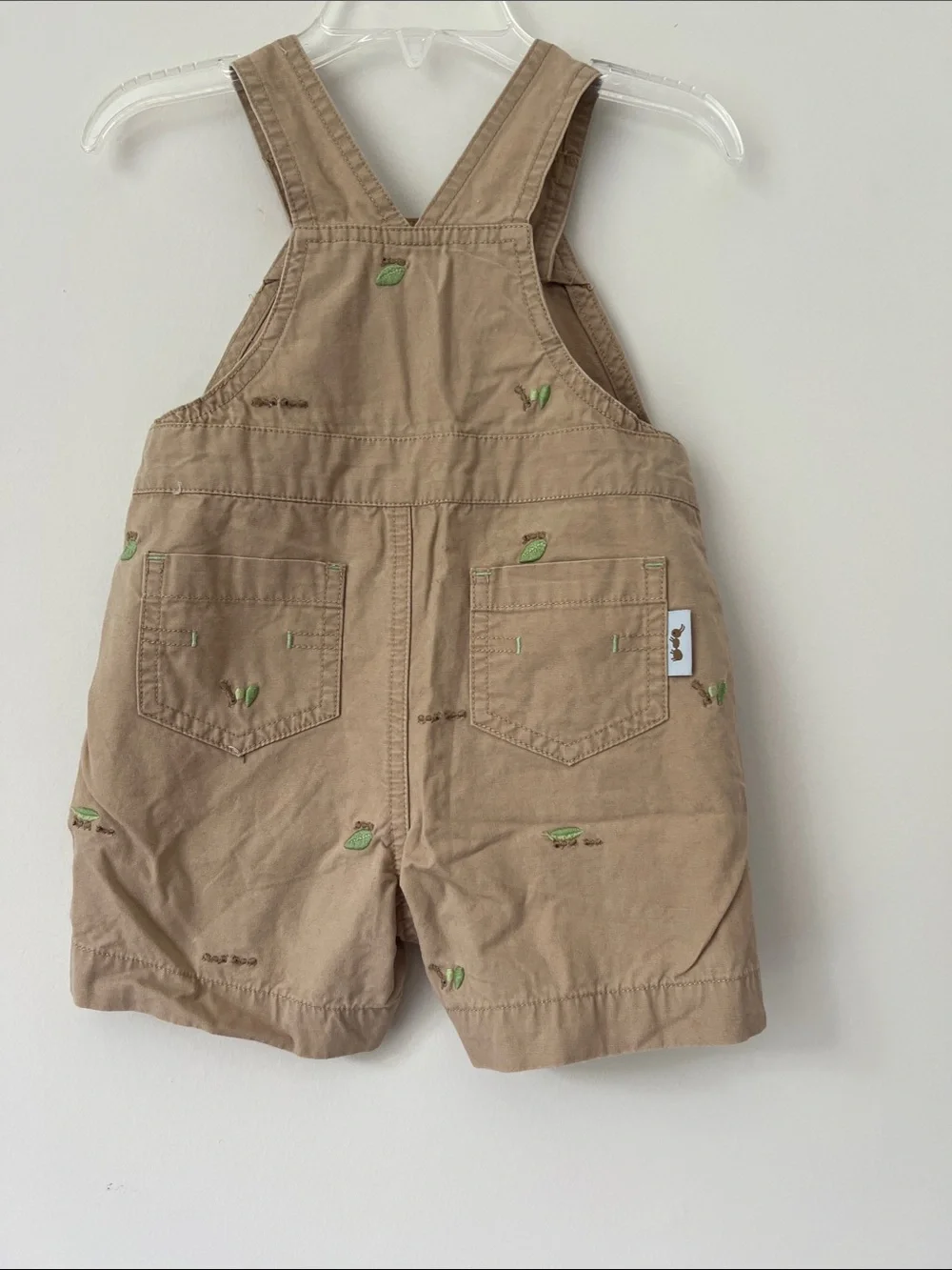 Gymboree Tan Short Overalls with Green Embroidery